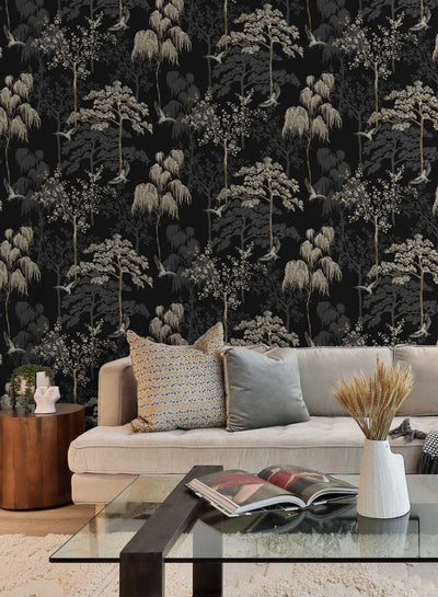 product image for Bird Garden Wallpaper in Black by NextWall 24