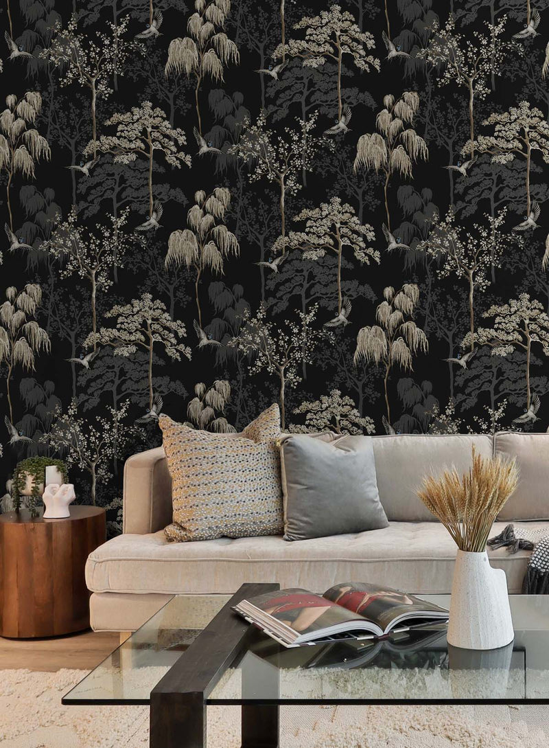 media image for Bird Garden Wallpaper in Black by NextWall 252