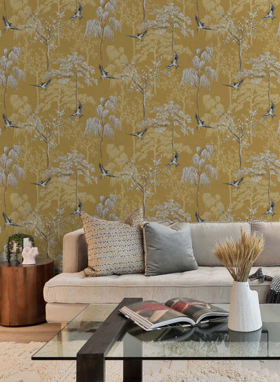 product image for Bird Garden Wallpaper in Ochre by NextWall 13