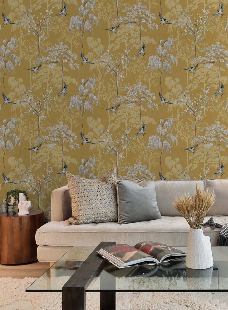 media image for Bird Garden Wallpaper in Ochre by NextWall 264