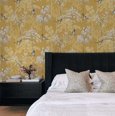 product image for Bird Garden Wallpaper in Ochre by NextWall 92