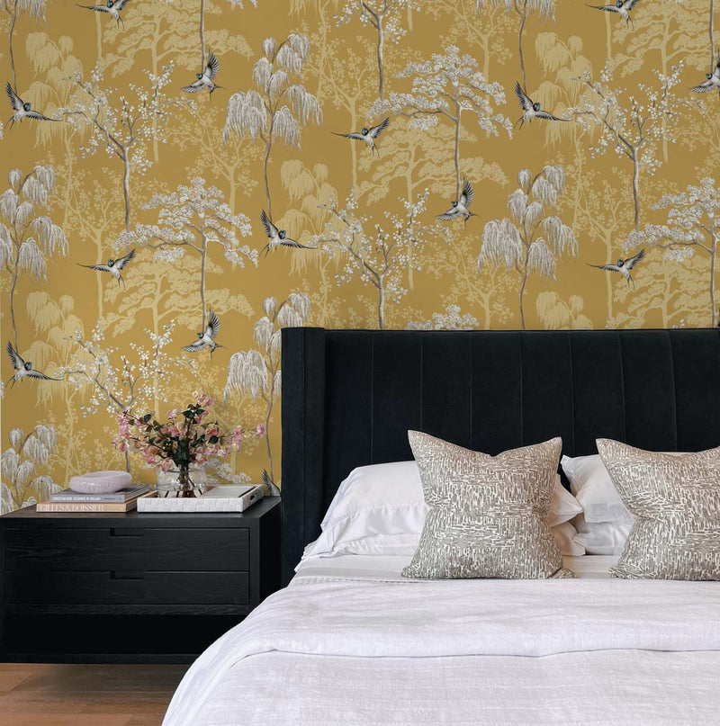 media image for Bird Garden Wallpaper in Ochre by NextWall 238