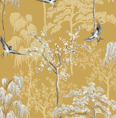 product image for Bird Garden Wallpaper in Ochre by NextWall 24