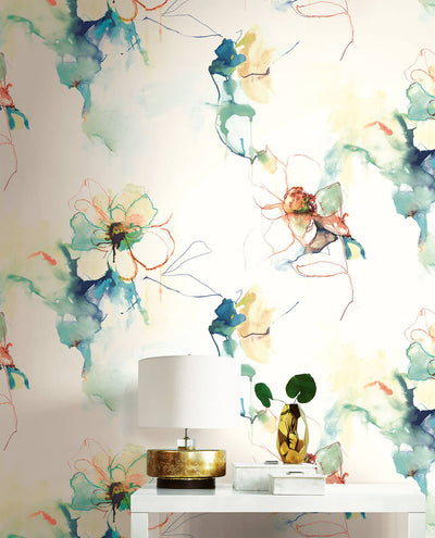 product image for Anemone Watercolor Floral Wallpaper in Turquoise and Persimmon from the Living With Art Collection by Seabrook Wallcoverings 69