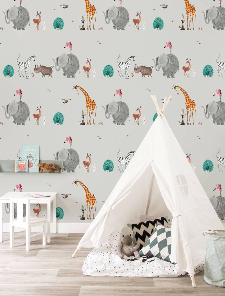 Shop Animal Mix Kids Wallpaper in Grey by KEK Amsterdam | Burke Decor