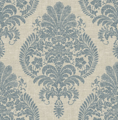 product image of Antigua Damask Wallpaper in Air Force Blue and Alabaster from the Luxe Retreat Collection by Seabrook Wallcoverings 553