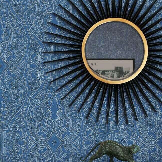 media image for Ascot Damask Wallpaper in Blue from the Traveler Collection by Ronald Redding 266