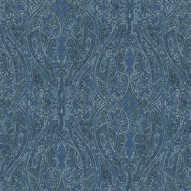 media image for Ascot Damask Wallpaper in Blue from the Traveler Collection by Ronald Redding 241