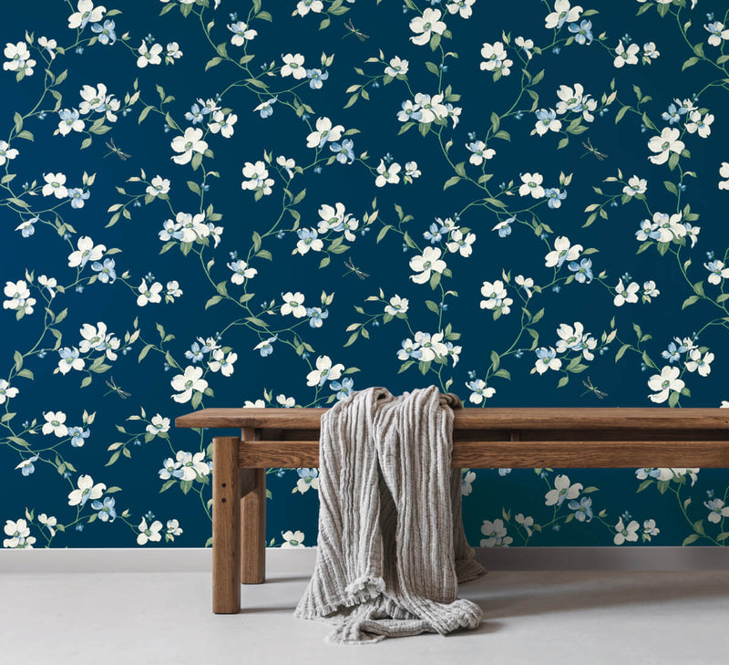 media image for Dogwood Wallpaper in Navy from the Blooms Second Edition 248