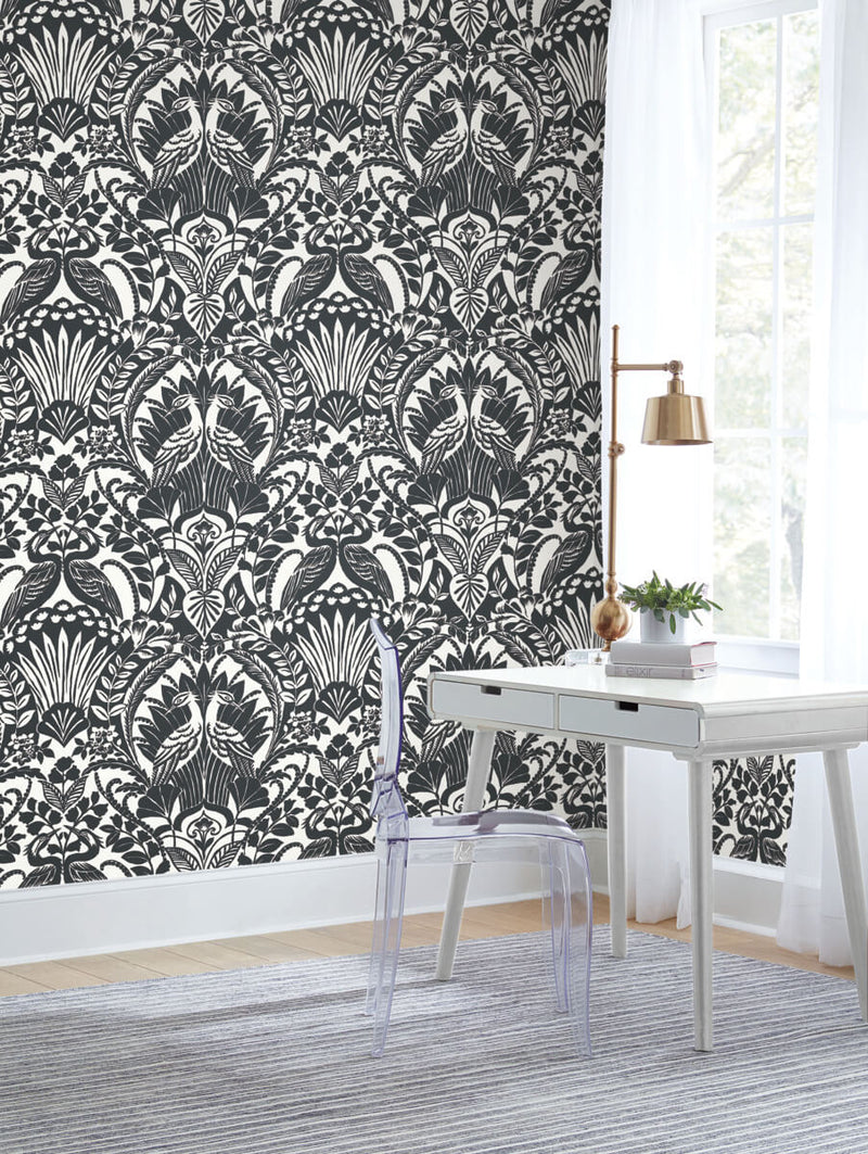 media image for Egret Damask Wallpaper in Black/White from Damask Resource Library by York Wallcoverings 293