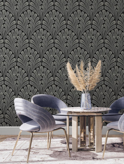 product image for Shell Damask Wallpaper in Black/Glint from Damask Resource Library by York Wallcoverings 76