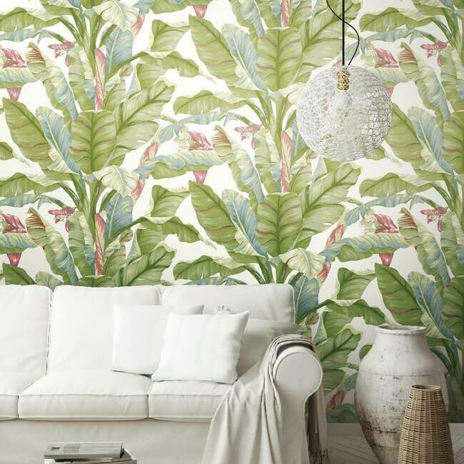 media image for Banana Leaf Peel & Stick Wallpaper in White and Green by York Wallcoverings 253