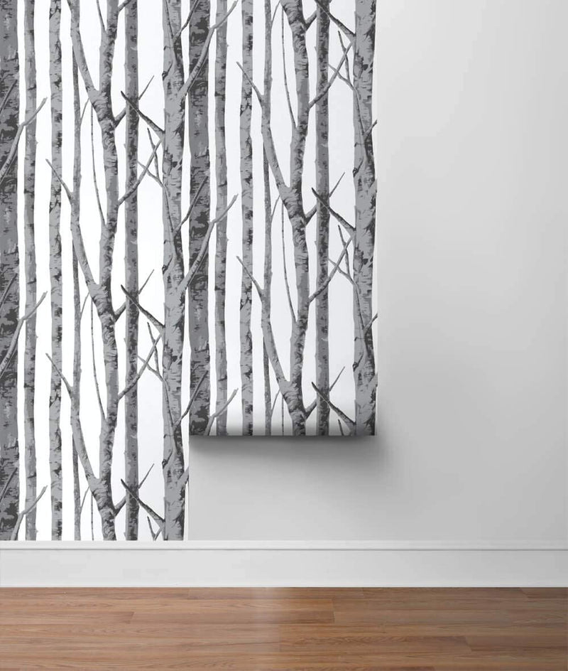 media image for Birch Trees Peel-and-Stick Wallpaper in Monochrome by NextWall 233