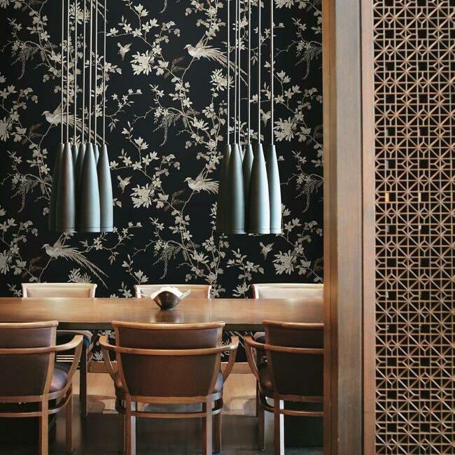 media image for Bird And Blossom Chinoserie Wallpaper in Black from the Ronald Redding 24 Karat Collection by York Wallcoverings 25