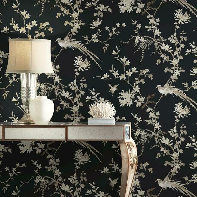 media image for Bird And Blossom Chinoserie Wallpaper in Black from the Ronald Redding 24 Karat Collection by York Wallcoverings 292