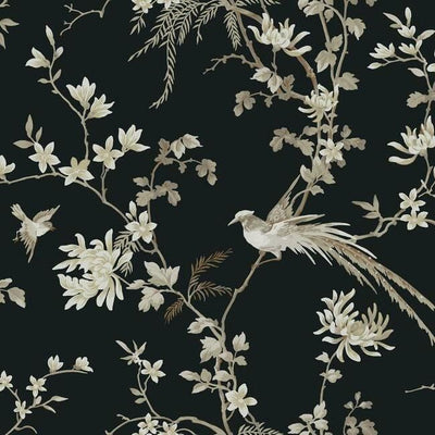 product image of Bird And Blossom Chinoserie Wallpaper in Black from the Ronald Redding 24 Karat Collection by York Wallcoverings 539