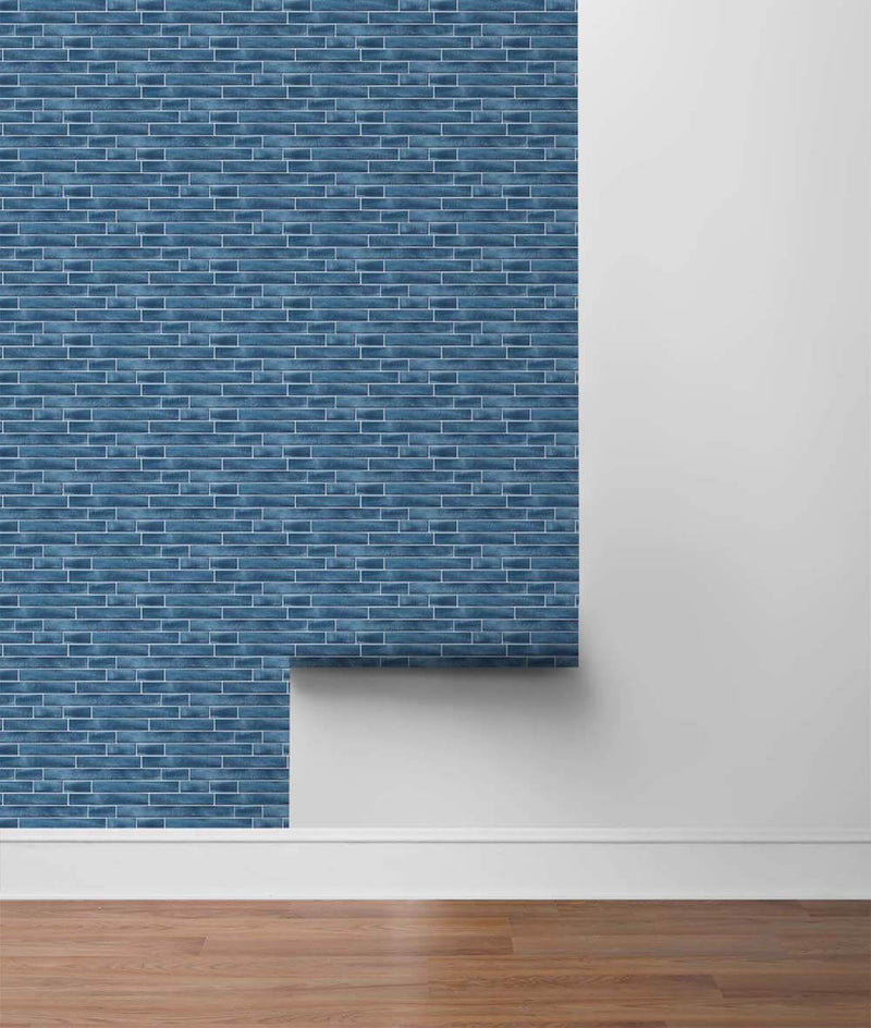 media image for Brushed Metal Tile Peel-and-Stick Wallpaper in Denim Blue by NextWall 233