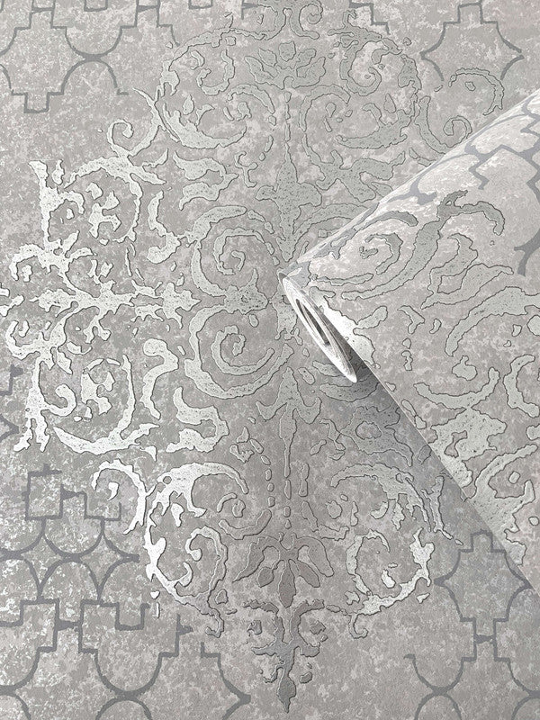 media image for Damask Mottled Wallpaper in Silver Grey 223