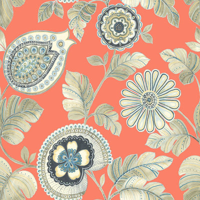 product image of Calypso Paisley Leaf Wallpaper in Coral and Aloe from the Boho Rhapsody Collection by Seabrook Wallcoverings 588