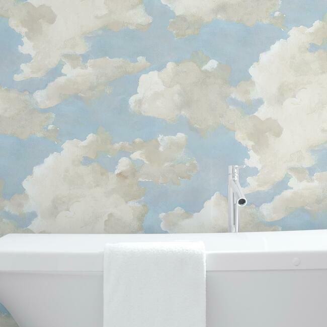 media image for Clouds on Canvas Peel & Stick Wallpaper in Blue by York Wallcoverings 224