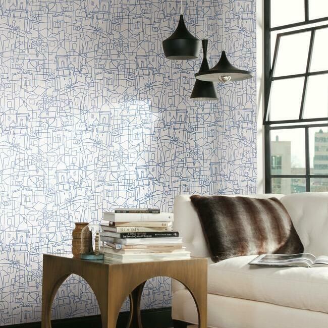 media image for Cubist Cityscape Peel & Stick Wallpaper in Blue by York Wallcoverings 246