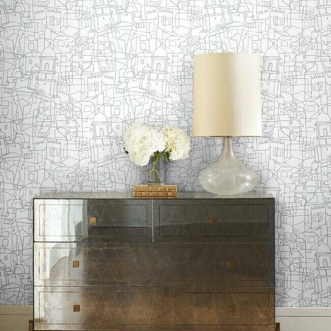 media image for Cubist Cityscape Peel & Stick Wallpaper in Grey by York Wallcoverings 255