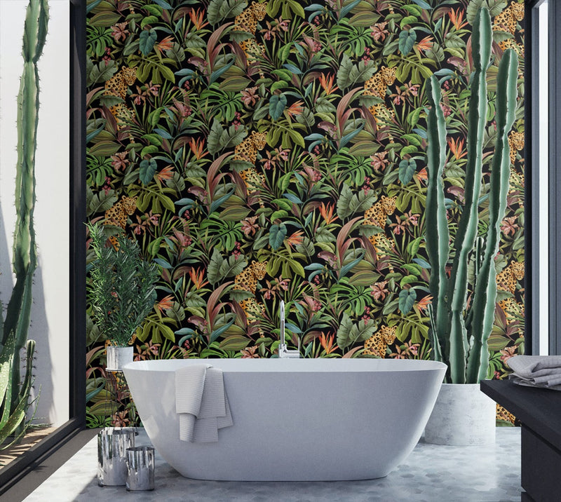 media image for Tropical Leopard Black Peel-and-Stick Wallpaper from the Daisy Bennett Collection by NextWall 267