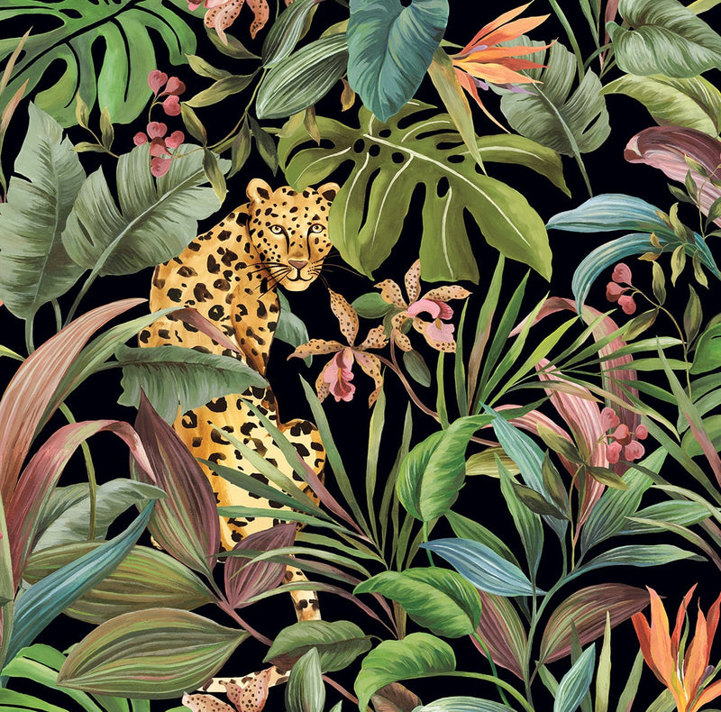 media image for Tropical Leopard Black Peel-and-Stick Wallpaper from the Daisy Bennett Collection by NextWall 214