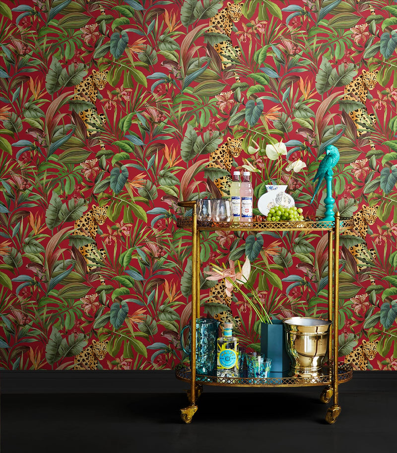 media image for Tropical Leopard Red Peel-and-Stick Wallpaper from the Daisy Bennett Collection by NextWall 288