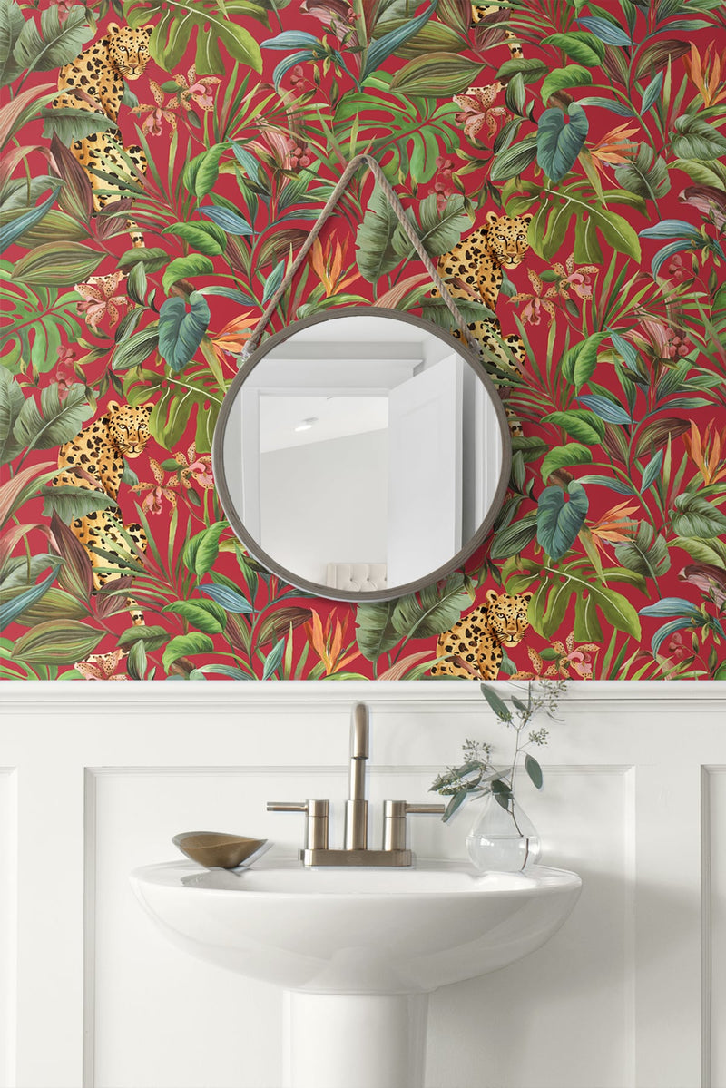 media image for Tropical Leopard Red Peel-and-Stick Wallpaper from the Daisy Bennett Collection by NextWall 272