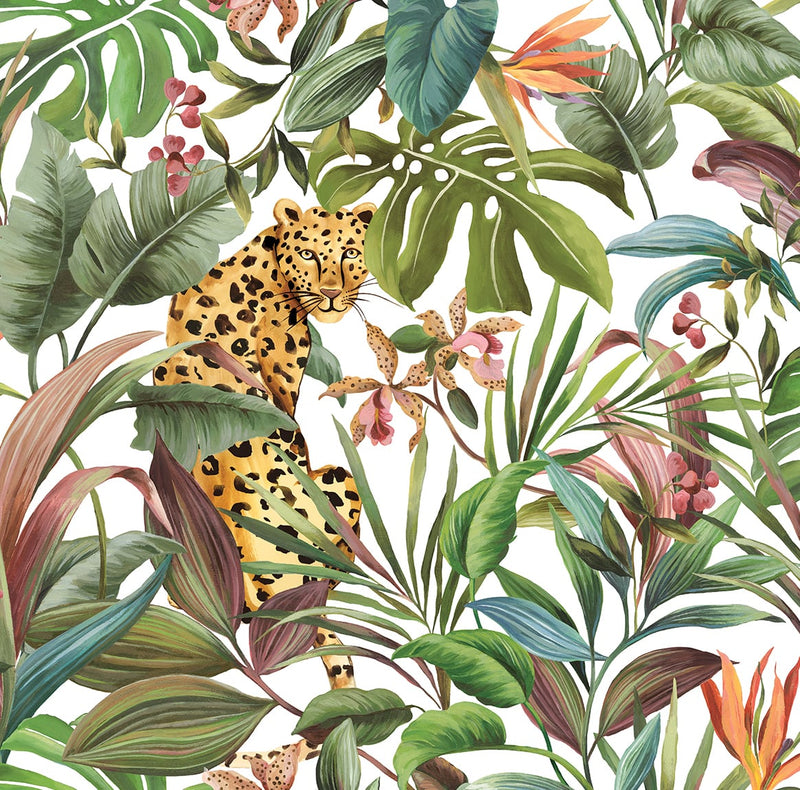 media image for Tropical Leopard White Peel-and-Stick Wallpaper from the Daisy Bennett Collection by NextWall 241