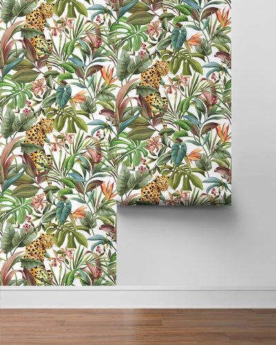 product image for Tropical Leopard White Peel-and-Stick Wallpaper from the Daisy Bennett Collection by NextWall 90