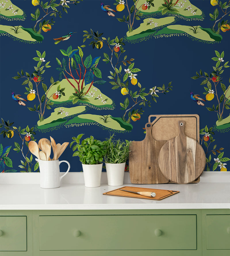 media image for Citrus Hummingbird Wallpaper in Navy Blue 277