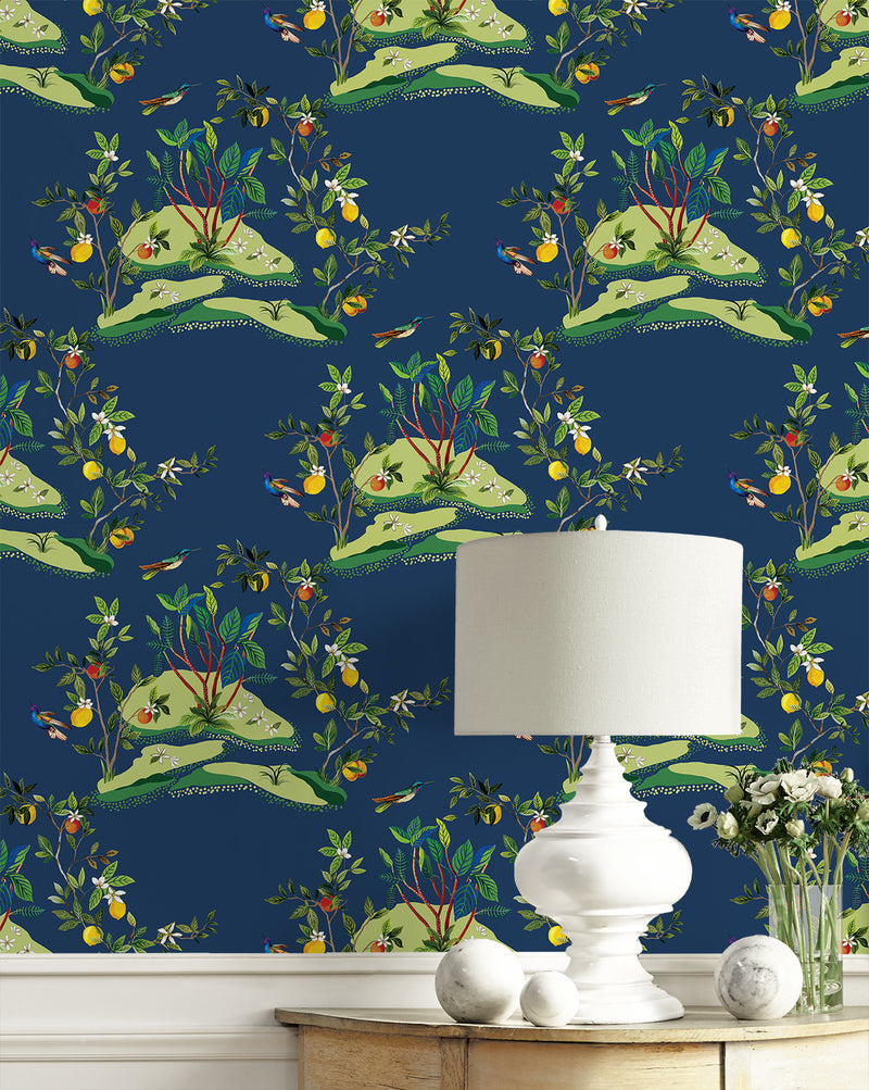 media image for Citrus Hummingbird Wallpaper in Navy Blue 233