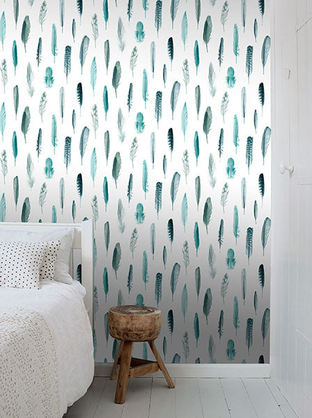 media image for Nala Turquoise Feathers Wallpaper from Design Department by Brewster 223