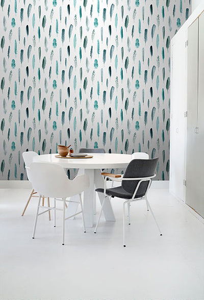 product image for Nala Turquoise Feathers Wallpaper from Design Department by Brewster 2