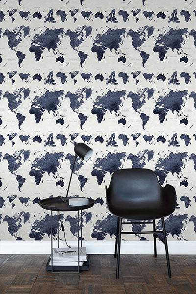 product image for Boq Dark Blue World Map Wallpaper from Design Department by Brewster 70