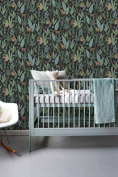 product image for Macaque Dark Green Monkeys Wallpaper from Design Department by Brewster 37