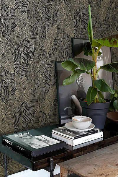 product image for Canales Black Gold Inked Leaves Wallpaper from Design Department by Brewster 37