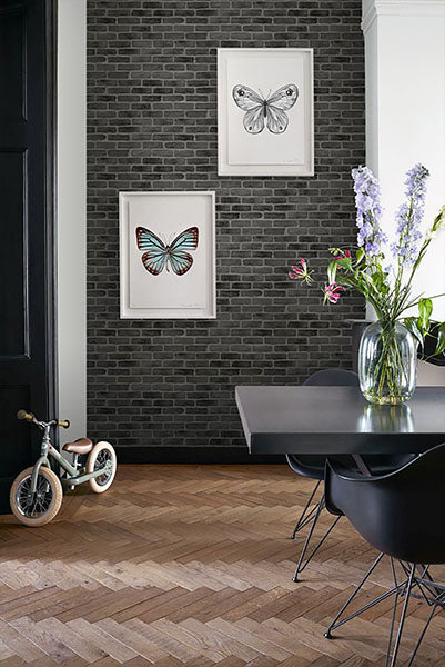 media image for Burnham Black Brick Wall Wallpaper from Design Department by Brewster 298