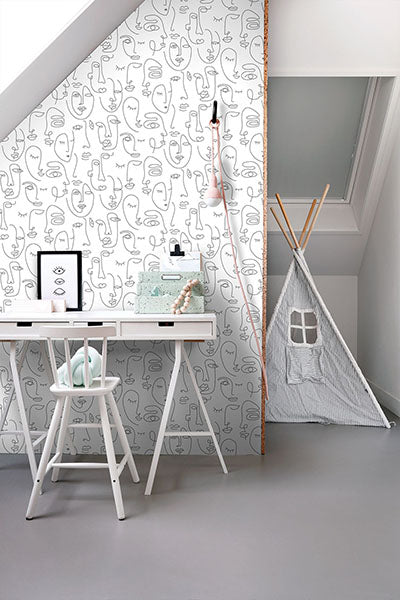 product image for Sharona White Line Art Faces Wallpaper from Design Department by Brewster 95