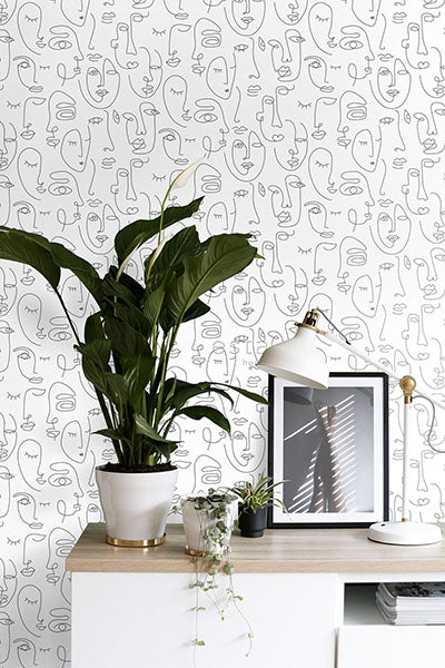 product image for Sharona White Line Art Faces Wallpaper from Design Department by Brewster 37