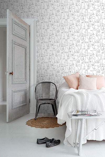 product image for Sharona White Line Art Faces Wallpaper from Design Department by Brewster 46