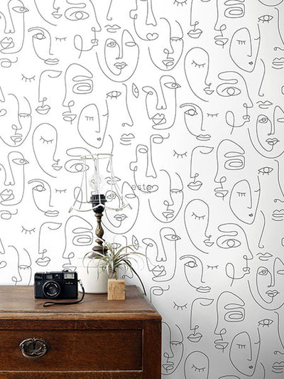 product image for Sharona White Line Art Faces Wallpaper from Design Department by Brewster 20