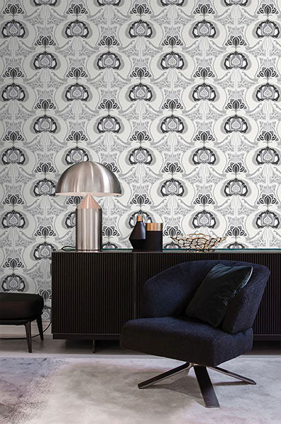 product image for Joaquin Black Art Nouveau Floral Wallpaper from Design Department by Brewster 95