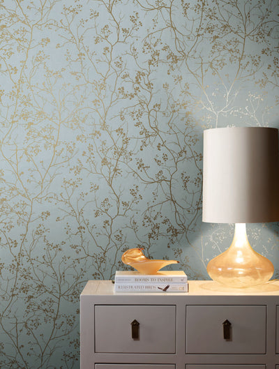 product image for Luminous Branches Wallpaper in Blue/Gold from the Dazzling Dimensions Vol. 2 Collection by Antonina Vella 79