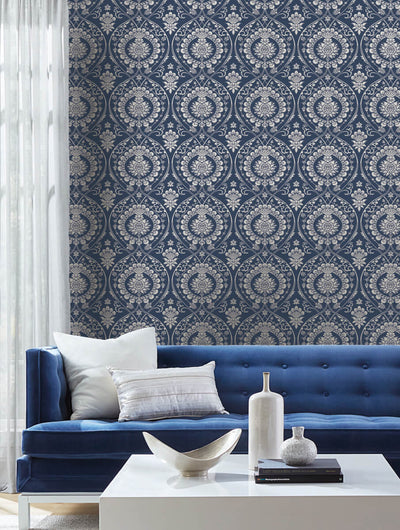 product image for Imperial Damask Wallpaper in Navy/Silver from Damask Resource Library by York Wallcoverings 64