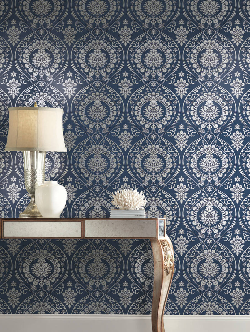 Shop Imperial Damask Wallpaper in Navy/Silver from Damask Resource ...