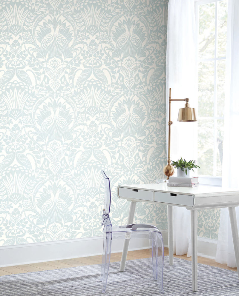 media image for Egret Damask Wallpaper in Sky Blue from Damask Resource Library by York Wallcoverings 218