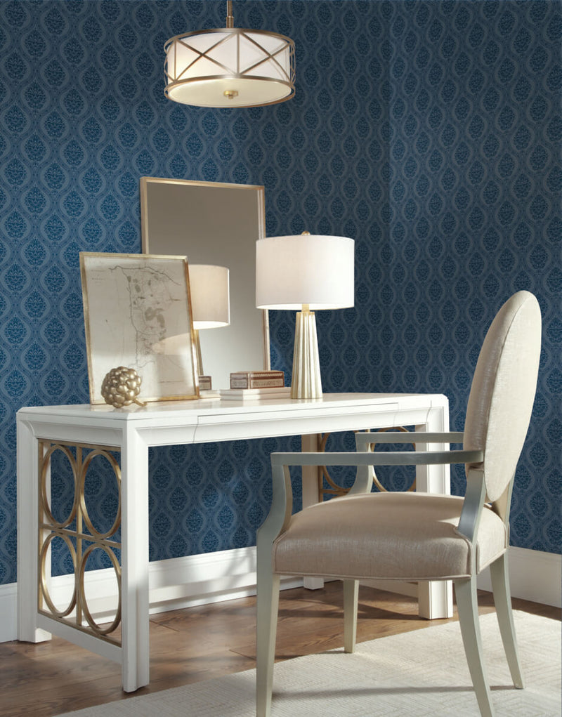 media image for Petite Ogee Wallpaper in Navy from Damask Resource Library by York Wallcoverings 262